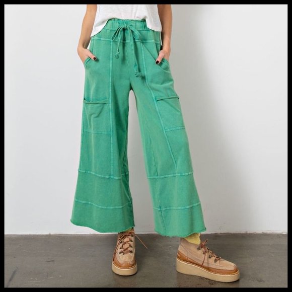 EASEL "Perfect Cargo" Terry Knit Mineral Washed Flared Leg Pants Raw Seams, Hems - Picture 11 of 15